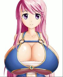 animated bouncing_breasts cleavage huge_breasts isel long_hair oc pink_hair purple_eyes sideboob smiling_at_viewer tagme top_view video