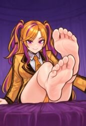 1girls ai_generated arm_support ass bare_legs barefoot bed bed_sheet blazer blonde_hair blush breasts cameltoe closed_mouth collared_shirt eyelashes feet feet_up foot_focus foreshortening full_body greek_toe hair_ornament heart heart_hair_ornament indoors jacket knees_up large_breasts legs legs_up long_hair long_sleeves looking_at_viewer medium_breasts mole multicolored_hair nail_polish necktie no_legwear no_pants on_bed orange_hair orange_jacket orange_nails orange_necktie orange_panties panties pantyshot parted_bangs pink_eyes pink_hair presenting_foot purple_background purple_eyes purple_hair school_uniform shirt sidelocks sitting smile soles solo streaked_hair swept_bangs thighs toe_scrunch toenail_polish toenails toes twintails two_side_up underwear very_long_hair white_shirt yellow_jacket yellow_necktie yellow_panties