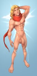 achilles achilles_(smite) big_cock big_penis blonde_hair cloak_only green_eyes human human_male human_only light-skinned_male light_skin long_hair man_boobs moons muscular muscular_male nipples no_body_hair nude nude_male nudity pecs red_cloak shiny shiny_skin six_pack smite