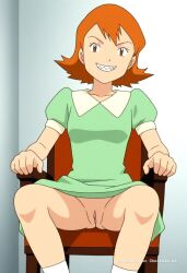 1girl ai_assisted ai_generated anime_style beautiful brown_eyes brown_hair day detailed_background detailed_eyes dress general grayscale grin high_contrast highres indoors looking_at_viewer no_nose official_style orange_hair perfect_anatomy pussy realistic retro_artstyle sharp_teeth short_hair sitting_on_chair slit_pupils smug socks sora_takenouchi upskirt_view