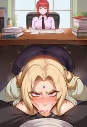 1boy 2girls ai_generated all_fours all_the_way_to_the_base big_ass big_breasts blowjob boruto:_naruto_next_generations chainsaw_man deepthroat female looking_at_viewer makima_(chainsaw_man) male milf office pov sexy tsunade under_the_table uzumaki_boruto