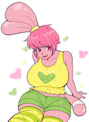 big_breasts breasts bunny_ears cartoon_network chowder chowder_(series) cute_fangs female female_only fully_clothed green_shorts hair_tie highsocks kenomimi looking_away open_mouth panini panini_(chowder) pink_body pink_eyes pink_hair pink_skin pink_tail pinkkoffin shiny_skin simple_background sitting smiling solo_female solo_focus thick_thighs thighhighs thighs white_background