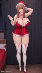 1girl ai_generated bangs bare_shoulders bed blush breasts brown_hair christmas cleavage curtains curvy dress emma_(nikke) full_body gloves goddess_of_victory:_nikke hat huge_breasts long_hair looking_at_viewer nikke red_dress red_footwear santa_costume santa_dress santa_hat short_dress smile solo standing thick_thighs thighhighs thighs white_thighhighs yellow_eyes