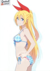 1girl ai_generated ass bare_arms bare_shoulders bikini blonde_hair blue_bikini blue_eyes blush bonyari_high_school_uniform breasts butt_crack closed_mouth cowboy_shot from_side front-tie_bikini_top front-tie_top hair_between_eyes hair_ribbon halterneck kirisaki_chitoge long_hair looking_at_viewer looking_back medium_breasts nisekoi plaid_bikini plaid_clothes ponytail red_ribbon ribbon shadow side-tie_bikini_bottom sideboob simple_background small_breasts smile solo spasibo15 standing strap_gap string_bikini swimsuit very_long_hair white_background
