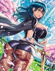1girls ai_generated armor blue_eyes blue_hair byleth_(fire_emblem) byleth_(fire_emblem)_(female) cape cherry_blossoms coat curvy dat_ass expressionless falling_petals female female_only fire_emblem fire_emblem:_three_houses floating_hair gluteal_fold holding_object holding_sword holding_weapon huge_ass huge_breasts huge_butt intelligent_systems looking_at_viewer looking_back medium_hair nintendo pantyhose pink_lips presenting_ass presenting_hindquarters round_ass round_butt shorts thick_ass thick_butt vambraces vermadis2x voluptuous