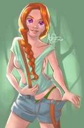 1girl areola_slip braid breasts clothes_pull contrapposto green_panties hair_over_shoulder leah_(stardew_valley) lips long_hair looking_at_viewer medium_breasts nipple_slip no_bra orange_hair panties pulling_own_clothes purple_eyes short_shorts shorts sideboob single_braid smile solo stardew_valley suspenders underwear undressing