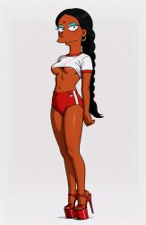 1girls ai_generated arms_at_sides bindi braided_hair brown_skin buruma crop_top cropped_shirt earrings eyeshadow female high_heels indian_female long_hair manjula_nahasapeemapetilon navel nipples nipslip platform_heels shirt_up simple_background the_simpsons underboob