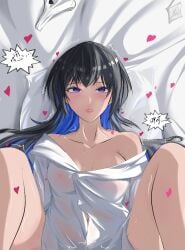 1boy 1girls alternate_version_available artist_request black_hair blue_hair breasts female highres implied_sex long_hair lying lying_on_back lying_on_bed punishing:_gray_raven purple_eyes robot_girl selena_(punishing:_gray_raven) sex two-tone_hair upper_body vaginal_penetration