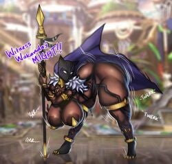 big_ass big_breasts black_body cape cat_outfit dark-skinned_female dialogue fur marvel marvel_tokon:_fighting_souls mask mugm8 revealing_clothes shuri_(marvel) spear superheroine twerking