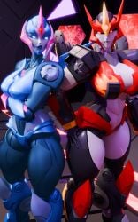 2026 3d 3d_(artwork) 3d_render arcee big_breasts black_body blue_body blue_eyes clothed_female cybertronian female flame_markings flamewar mengsk robot robot_girl thick_thighs transformers yellow_eyes