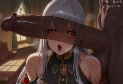 1boy 1girl ai_generated bare_shoulders blush dark-skinned_male dark_skin duxvector erection grey_hair hair_between_eyes heart heart-shaped_pupils hetero huge_penis indoors interracial large_penis lips lipstick long_hair looking_at_penis makeup military military_uniform open_mouth penis penis_awe red_eyes red_lips selvaria_bles solo_focus sweat symbol-shaped_pupils testicles uncensored uniform valkyria_chronicles veins veiny_penis very_dark_skin
