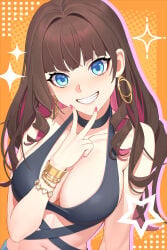 1girl 1girls bare_shoulders big_breasts bikini black_bikini blue_eyes blue_shorts blunt_bangs bracelet breasts brown_hair cleavage collarbone colored_inner_hair curly_sidelocks earrings female fingernails glitch_stars hair_intakes highres hoop_earrings jewelry large_breasts long_hair looking_at_viewer miwabelle multicolored_hair nail_polish navel orange_background pink_hair pink_nails shorts slutty_female smile solo sparkle star_(symbol) swimsuit teeth tits v virtual_youtuber vtuber