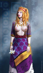 blonde_hair breasts breasts_out flower greek_mythology helen_of_troy historically_accurate holding_flower jewelry makeup minoan minoan_makeup nipples pale_skin pink_nipples purple_clothing purple_dress the_epic_cycle trojan_war