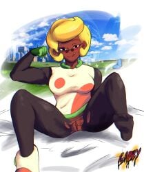 dark-skinned_female dark_skin female flexing_bicep frutiger_aero gadby55 pussy rosa_(brawl_stars) smile tongue_out yellow_hair