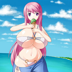 beach bikini cleavage clouds female female huge_breasts ice_cream isel long_hair navel oc pink_hair purple_eyes sideboob swimsuit tagme thick underboob wide_hips