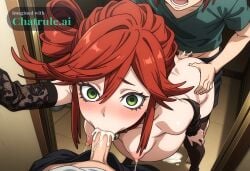 1girl ai_assisted ai_generated anal_sex anime_screencap bell_collar blushing_female breasts_out clothed_male fucked_silly green_eyes hair_rings hairy_pussy holding_belly lace lace_sleeves lactating laying_on_side looking_at_viewer looking_back looking_up_at_viewer male_pov open_mouth pink_pussy pregnant puffy_nipples red_hair runny_mascara sidelocks spiked_hair stockings struggling topless viewed_from_above wet_pussy