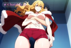 1boy 1girl ai_assisted ai_generated anime_screencap blonde_hair curvy_body femboy floating_hair hug hugging_from_behind long_hair looking_back narrow_waist nervous_expression nervous_smile orange_eyes penis_bulge standing tight_shorts topless view_from_below wavy_hair wide_hips