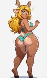 ai_generated animal_nose anthro ass ass_view better_version_at_source blonde_hair brown_fur buckteeth closed_mouth deltarune freckles_on_face full_body furry_female gold_hair high_quality hooves long_hair looking_over_shoulder noelle_holiday noelle_holiday_(light_world_form) red_nose reindeer reindeer_antlers reindeer_ears reindeer_tail teal_bikini white_background