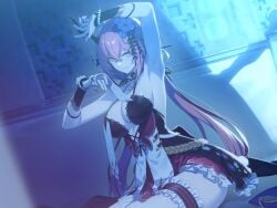 1girl 1girls 3d armpits arms_up blue_eyes looking_at_viewer parted_lips star_savior