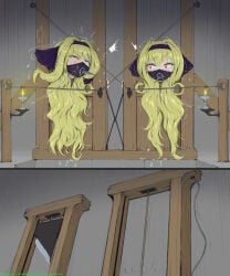 2girls ameng blonde_hair frightened guillotine helpless_female imminent_death peril predicament_bondage red_eyes snuff