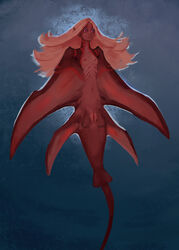 batoid batoid_humanoid breasts female fin fish genitals gills hair hi_res humanoid_pointy_ears marine navel nipples non-mammal_breasts pink_eyes pink_hair portals_of_phereon pussy red_body small_breasts solo syvaron underwater water