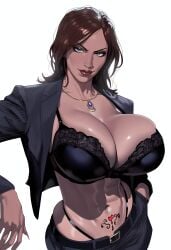 abs ai_generated bra brown_hair cropped_jacket dark_skinned_female grey_eyes huge_breasts katarina_alves latina looking_at_viewer makeup necklace open_jacket open_suit panty_straps pinstripe_suit tattoo tekken toned_female wide_hips