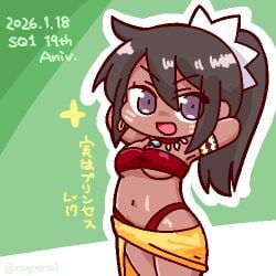 1girls bandeau big_breasts black_hair breasts busty cleavage dark-skinned_female dark_skin etrian_odyssey female female_only hair_ribbon highres japanese_text jewelry large_breasts legs long_hair looking_at_viewer navel oekaki open_mouth ponytail pose posing purple_eyes ribbon sarong sexy sexy_armpits sexy_pose shilleka solo thighs thong tongue translation_request tribal underboob voluptuous