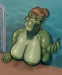 anthro areola artist_name barbell_piercing beckoning big_breasts breasts brown_hair crocodilian eyelashes facial_scar female gesture glistening glistening_breasts glistening_eyelids green_areola green_body green_eyes green_nipples green_scales hair long_eyelashes looking_at_viewer narrowed_eyes nipple_barbell nipple_piercing nipples non-mammal_breasts non-mammal_nipples original piercing pupils reptile scales scalie scar sharp_teeth slit_pupils solo swimming_pool teeth text vaalgarth water wet