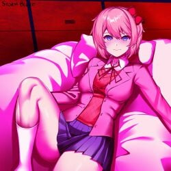 bedroom_eyes doki_doki_literature_club looking_at_viewer on_back on_bed sayori_(doki_doki_literature_club) stormblaze76