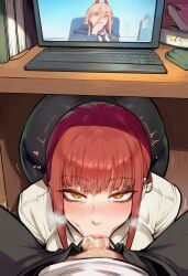 1boy 2girls ai_generated all_fours all_the_way_to_the_base big_ass big_breasts blowjob boruto:_naruto_next_generations chainsaw_man deepthroat female looking_at_viewer makima_(chainsaw_man) male milf nami_ office pov power_(chainsaw_man) sexy under_the_table uzumaki_boruto