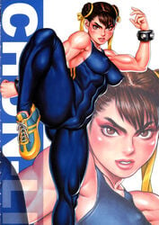 1girls athletic_female blue_clothing capcom chun-li female female_focus female_only fighting_pose fighting_stance looking_at_viewer multiple_images muscular_female skin_tight street_fighter toned_female tsukasa_jun