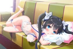 aqua_eyes ass barefoot black_hair clothing couch dress dungeon_ni_deai_wo_motomeru_no_wa_machigatteiru_darou_ka feet harukaze_soyogu hestia_(danmachi) long_hair panties panty_pull skirt_lift twintails wet