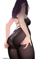 1girls artist_name ass ass_support back black_eyes black_hair black_legwear black_skirt blush bodystocking breasts dated female female_focus female_only from_behind hand_on_own_ass highres hitomi_o long_hair looking_at_viewer looking_back medium_breasts original panties panties_under_pantyhose pantyhose see-through signature simple_background skindentation skirt solo standing thighband_pantyhose underwear white_background