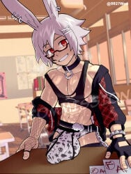 0027woo 1boy 1boys abs animal_humanoid bulge bulge_in_underwear bulge_through_clothing bunny_ears choker clothed ear_piercing ear_piercings femboy femboy_only final_fantasy final_fantasy_xiv fishnet_armwear glasses glasses_on_head lagomorph lagomorph_humanoid oc original original_character red_eyes red_eyes_male taiyo_akari tank_top tattoo tattoo_on_face white_hair white_hair_male