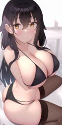 1girls akira_shiun arm_support azuma_(azur_lane) azur_lane bikini bikini_bottom bikini_top black_hair blush breast_hold breasts cleavage female female_only highres large_breasts long_hair sitting straight_hair thighhighs