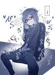 a-chan_(hololive) blush censored female fingering glasses hand_in_pants heavy_breathing hololive hololive_staff jeans masturbation masturbation_through_clothing monochrome pussy sekino_takehiro solo unzipped virtual_youtuber