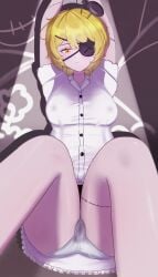 1girls blindfold blonde_hair blush breasts buttons don_quixote_(limbus_company) dress e.g.o_(project_moon) eyepatch large_breasts limbus_company looking_at_viewer nails nipples nipples_covered nipples_visible_through_clothing project_moon pussy pussy_juice short_hair underwear white_dress white_dress_shirt yellow_eyes