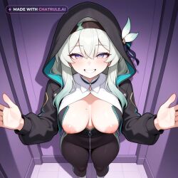1girl absurd_res ai_assisted ai_generated black_clothing black_leggings blue_eyes devious_grin first_person_perspective green_hair grey_hair hands_above_head hard_nipples hood_up large_breasts lustful multicolored_eyes perfect_ass pink_eyes posing_for_viewer seductive standing tight_clothing white_socks