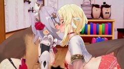 2boys 2girls 3d arched_back areolae ass-to-ass ass-to-ass_penetration ass_to_ass bestiality blonde_hair blush braid breasts canine closed_eyes clothed_sex dog doggy_style erect_nipples female feral flower_in_hair genshin_impact glasses grey_hair kissing knotting_position lumine_(genshin_impact) male miniskirt nipples noelle_(genshin_impact) pawprint sex skirt yuri
