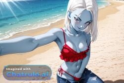 1girl 8k absurd_res accessories ai_assisted ai_generated anime_coloring beautiful blue_skin close_up cowboy_shot crop_top depth_of_field dragon_ball dragon_ball_super face_focus fingering high_detail high_res hires jeans jeans_down legs_open lights_off lipstick looking_at_viewer looking_back_at_viewer marcarita masturbating midriff moaning model_pose narrow_waist nip_slip official_style open parody perfect_anatomy perky_nipples pinup posing pubic_hair purple_eyes pussy_exposed realistic solo squatting upper_body white_hair
