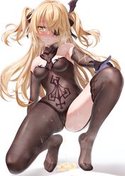 bae.c breasts eyepatch fischl_(genshin_impact) fishnets genshin_impact no_shoes peeing pussy see_through stockings thighhighs urine