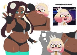 2girls belly black_hair blush blushing_female breasts chubby chubby_belly chubby_female dark-skinned_female dark_skin female female_only g3mma interracial kissing_belly lesbian light-skinned_female light_skin marina_(splatoon) nintendo pearl_(splatoon) splatoon_(series) splatoon_2 sweat thighs white_hair yuri