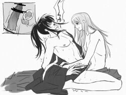 2boys aged_down aged_up anal anal_sex bar_censor blush cowgirl_position cross_section erection gay gintama gintama:_be_forever_yorozuya hijikata_toshiro male male_only monochrome okita_sougo penis ponytail smile straddling sweat time_paradox x-ray yaoi