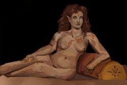 body_markings breasts brunette brunette_hair circe circe_(mythology) couch curly_hair greek_mythology laying_down nude nude_female nudity pointy_ears tan_skin