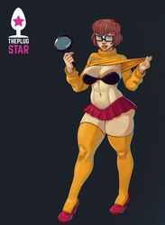 1girls abs absurdres artist_logo artist_name big_breasts black_background black_bra bra brown_eyes brown_hair cleavage dressed female female_focus female_only freckles glasses hanna-barbera highres holding_object looking_at_viewer magnifying_glass modeling nerdy nerdy_female onemienix orange_clothing orange_sweater orange_thighhighs patreon posing red_footwear red_sandals red_shoes sandals shirt_lift shirt_lifted_by_self simple_background smile smiling solo solo_female solo_focus square_glasses standing sweater_lift twitter twitter_username velma_dinkley