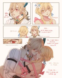 1boy 1girls blonde-haired_male blonde_female blonde_hair blush dialogue english_text female flower french_kiss genshin_impact gift_wrapped heart kaveh_(genshin_impact) kissing lumine_(genshin_impact) making_out male male/female present_wrap red_eyes ribbon_bondage romantic straight suggestive sweat tied_up tongue_kiss