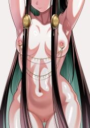 1girls armpits arms_up belly belly_focus black_hair breasts breasts_focus curvy female green_hair hair_ornament head_out_of_frame highres jewelry legs_out_of_frame long_hair medium_breasts mole mole_under_mouth nipple_piercing pale_skin punishing:_gray_raven pussy qu_(artist) qu_(punishing:_gray_raven) robot_girl shiny_skin smile solo standing straight_hair two-tone_hair upper_body very_long_hair