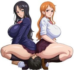 1boy 2girls ai_generated big_ass big_breasts black_hair blue_eyes brown_eyes curvy curvy_body curvy_female curvy_figure faceless_male huge_ass huge_breasts large_ass large_breasts light-skinned_female light_skin long_hair mature_female milf nami_(one_piece) nico_robin one_piece orange_hair school_uniform seductive seductive_look seductive_smile shiny shiny_skin shirt shoes sitting sitting_on_face sitting_on_person skirt socks solo solo_female squatting