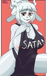 absurd_res anthro apron big_breasts bovid breasts caprine cleavage clothed clothing female fur goat goat_lucifer_(helltaker) hair helltaker hi_res looking_at_viewer lucifer_(helltaker) mammal nipple_slip red_eyes simple_background smile solo spread_legs spreading white_body white_fur white_hair yikarichi