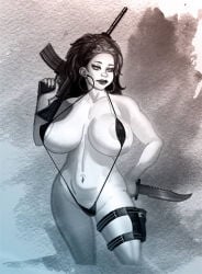 1girls 2013 areola_slip areolae big_breasts body_bags breasts female gun huge_breasts knife latina nipples panda_delgado sling_bikini solo tagme_(artist) traditional_media_(artwork)
